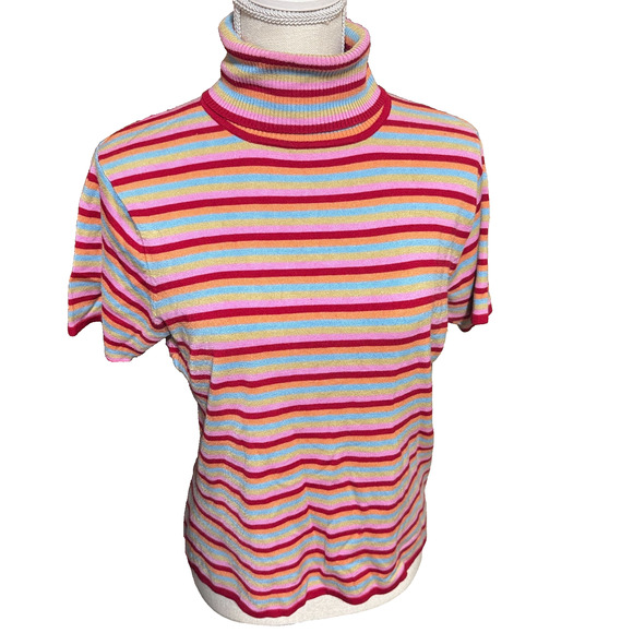 Willi Smith Silk Turtleneck Sweater Womens Short Sleeve colorful stripes sz L - Picture 1 of 5